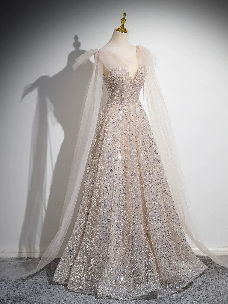 A-Line Scoop Neckline Tulle Champagne Long Classy Prom Dress, Champagne Sequin Prom Dress