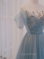 A-Line Scoop Neckline Tulle Gray Blue Long Evening Prom Dress with Sequin