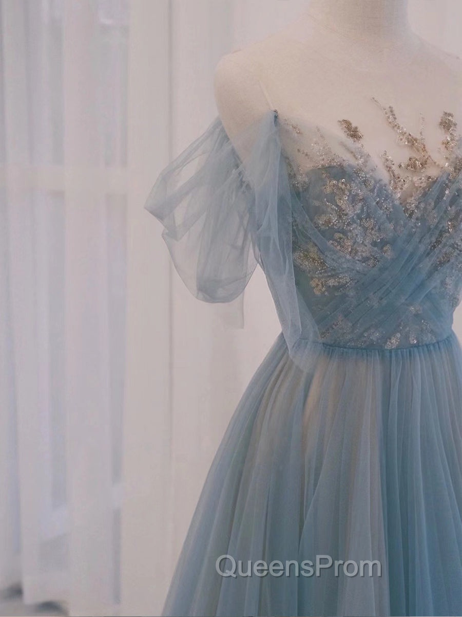 A-Line Scoop Neckline Tulle Gray Blue Long Evening Prom Dress with Sequin