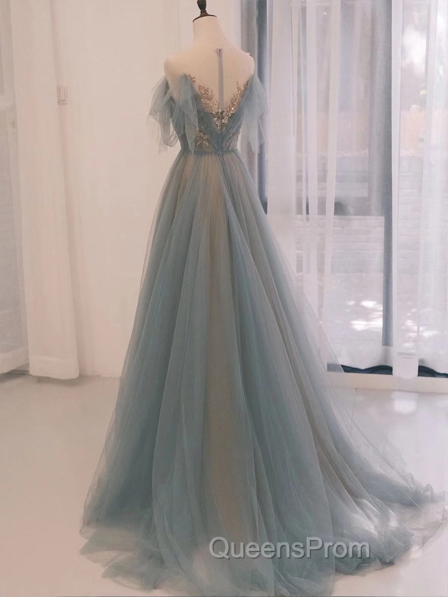 A-Line Scoop Neckline Tulle Gray Blue Long Evening Prom Dress with Sequin