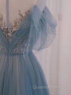 A-Line Scoop Neckline Tulle Gray Blue Long Evening Prom Dress with Sequin
