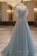 A-Line Scoop Neckline Tulle Gray Blue Long Evening Prom Dress with Sequin