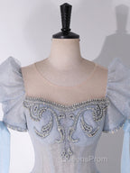 A-Line Scoop Neckline Tulle Light Blue Long Evening Prom Dress with Beads
