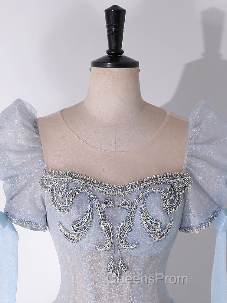 A-Line Scoop Neckline Tulle Light Blue Long Evening Prom Dress with Beads