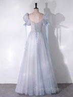 A-Line Scoop Neckline Tulle Light Blue Long Evening Prom Dress with Beads