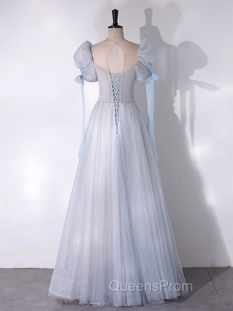 A-Line Scoop Neckline Tulle Light Blue Long Evening Prom Dress with Beads