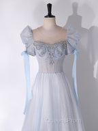 A-Line Scoop Neckline Tulle Light Blue Long Evening Prom Dress with Beads