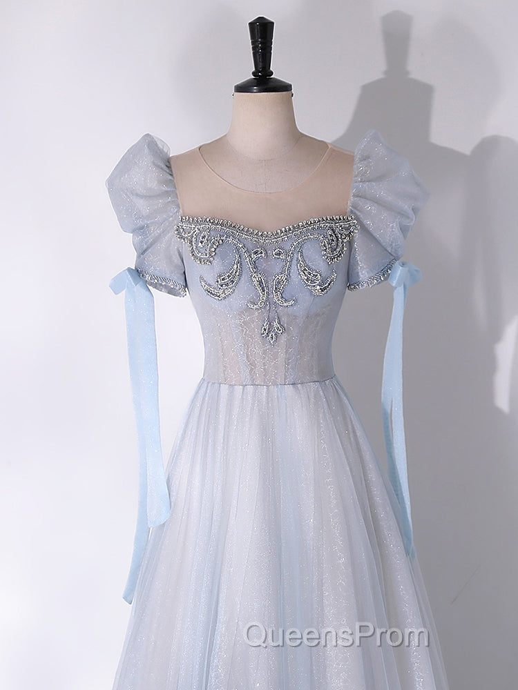 A-Line Scoop Neckline Tulle Light Blue Long Evening Prom Dress with Beads