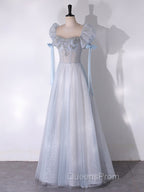 A-Line Scoop Neckline Tulle Light Blue Long Evening Prom Dress with Beads