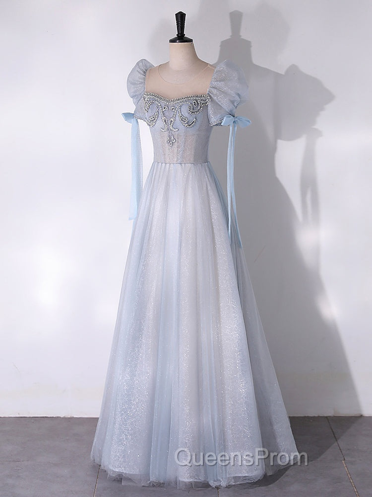 A-Line Scoop Neckline Tulle Light Blue Long Evening Prom Dress with Beads