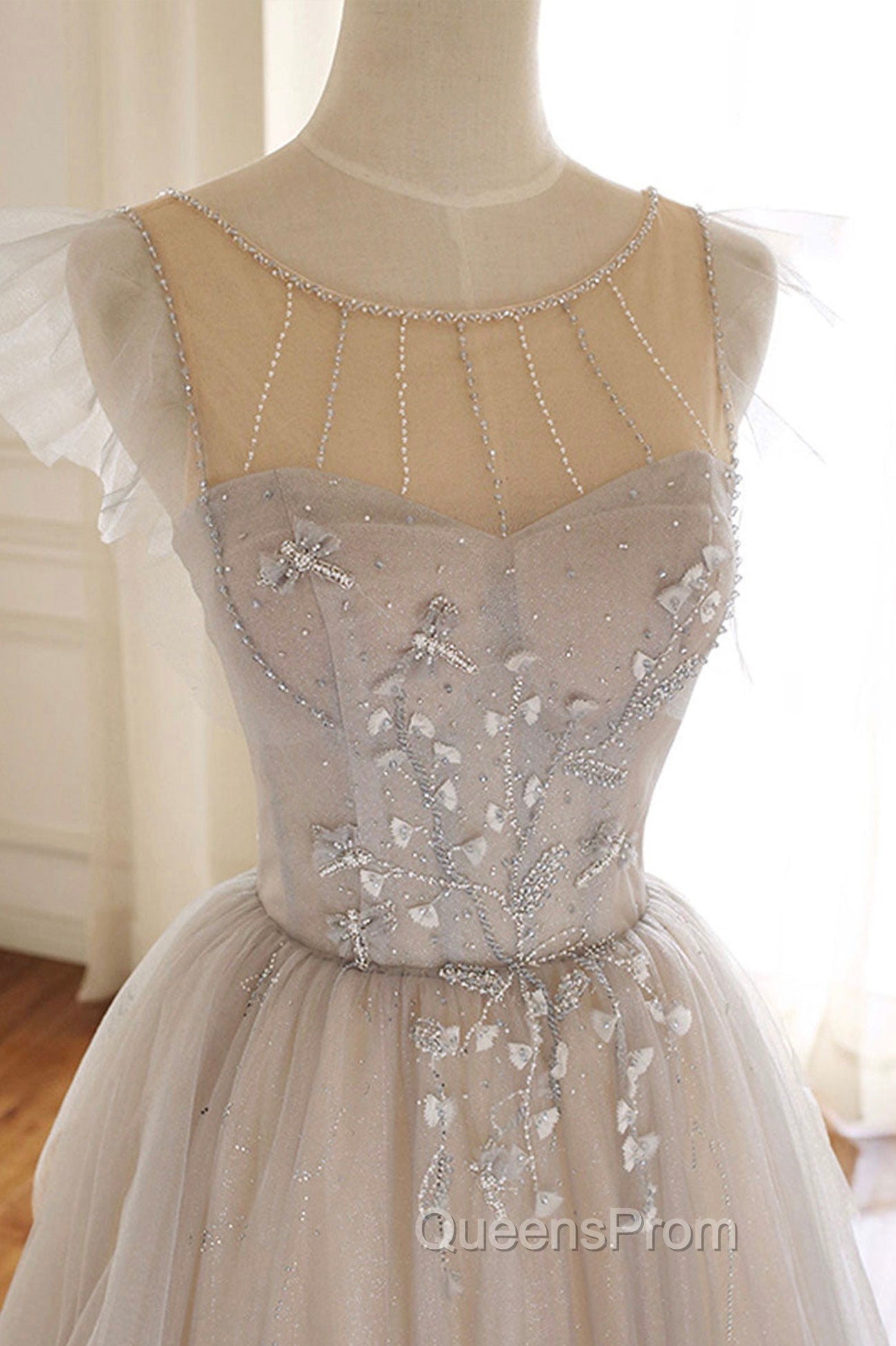 A-Line Scoop Neckline Tulle Long Evening Prom Dress with Beaded, Evening Party Dress