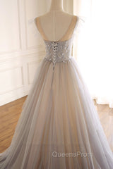 A-Line Scoop Neckline Tulle Long Evening Prom Dress with Beaded, Evening Party Dress