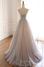 A-Line Scoop Neckline Tulle Long Evening Prom Dress with Beaded, Evening Party Dress