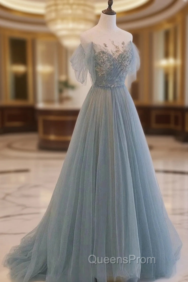 A-Line Scoop Neckline Tulle Long Evening Prom Dress with Sequin