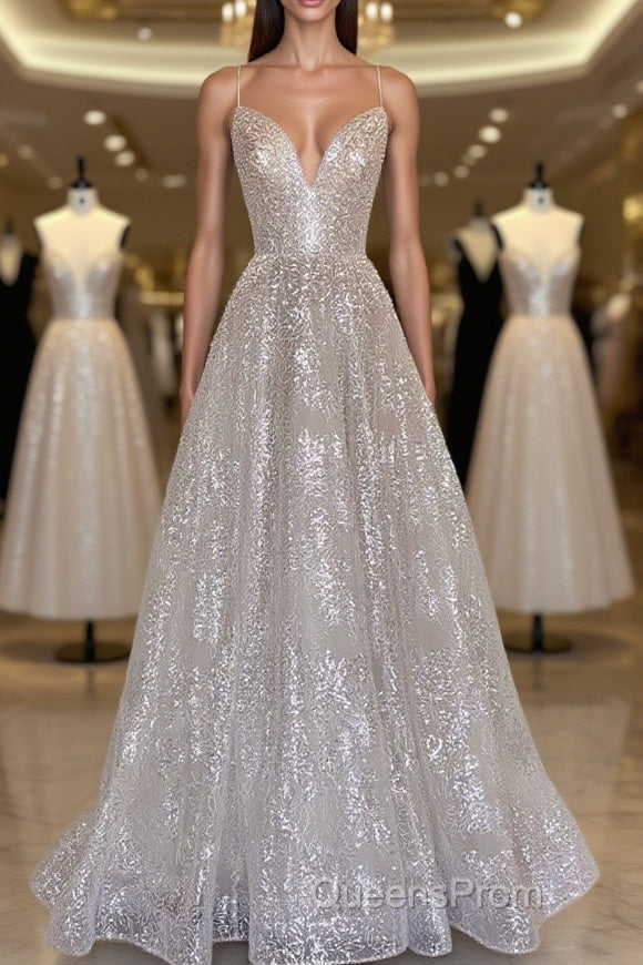A line sequin long Evening Prom Dress, Champagne sequin evening Dress Main image