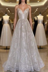 A line sequin long Evening Prom Dress, Champagne sequin evening Dress