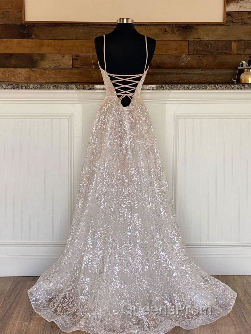 A line sequin long Evening Prom Dress, Champagne sequin evening Dress Secondary image