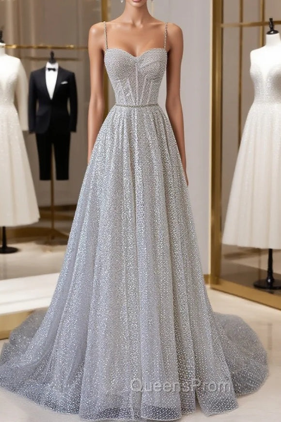 A-Line Sequins Long Evening Prom Dress, Spaghetti Strap and Corset Evening Dress Main image