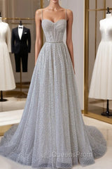 A-Line Sequins Long Evening Prom Dress, Spaghetti Strap and Corset Evening Dress