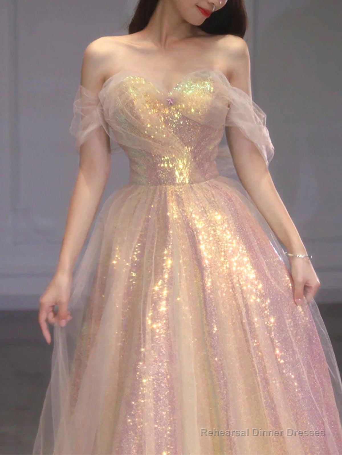 A-line Sequins Pink Sweetheart Long Formal Dress, Pink Sequins Prom Dress Secondary image