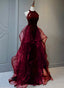 A-Line Sequins With Tulle Wine Red Long Party Dress, Wine Red Halter Classy Prom Dress