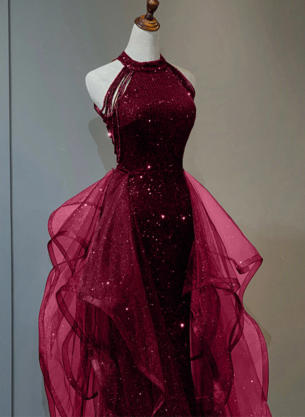 A-Line Sequins With Tulle Wine Red Long Party Dress, Wine Red Halter Classy Prom Dress Secondary image