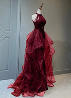 A-Line Sequins With Tulle Wine Red Long Party Dress, Wine Red Halter Classy Prom Dress