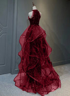 A-Line Sequins With Tulle Wine Red Long Party Dress, Wine Red Halter Classy Prom Dress