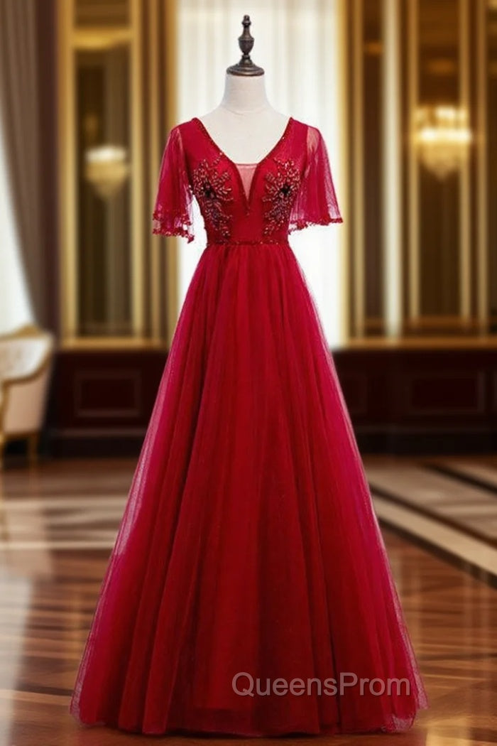 A-Line Sexy Burgundy Tulle V-neck Backless Beading Evening Prom Dress