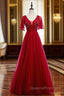 A-Line Sexy Burgundy Tulle V-neck Backless Beading Evening Prom Dress
