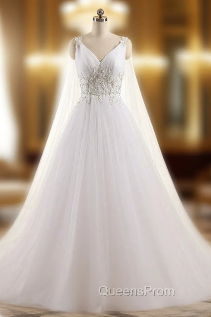 A-Line Sexy V Neck Custom Made Beaded Appliques Wedding Dress Main image