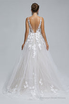 A-LINE SHEER STRAPS V-NECK TULLE APPLIQUE FLOOR-LENGTH SLEEVELESS WEDDING DRESSES