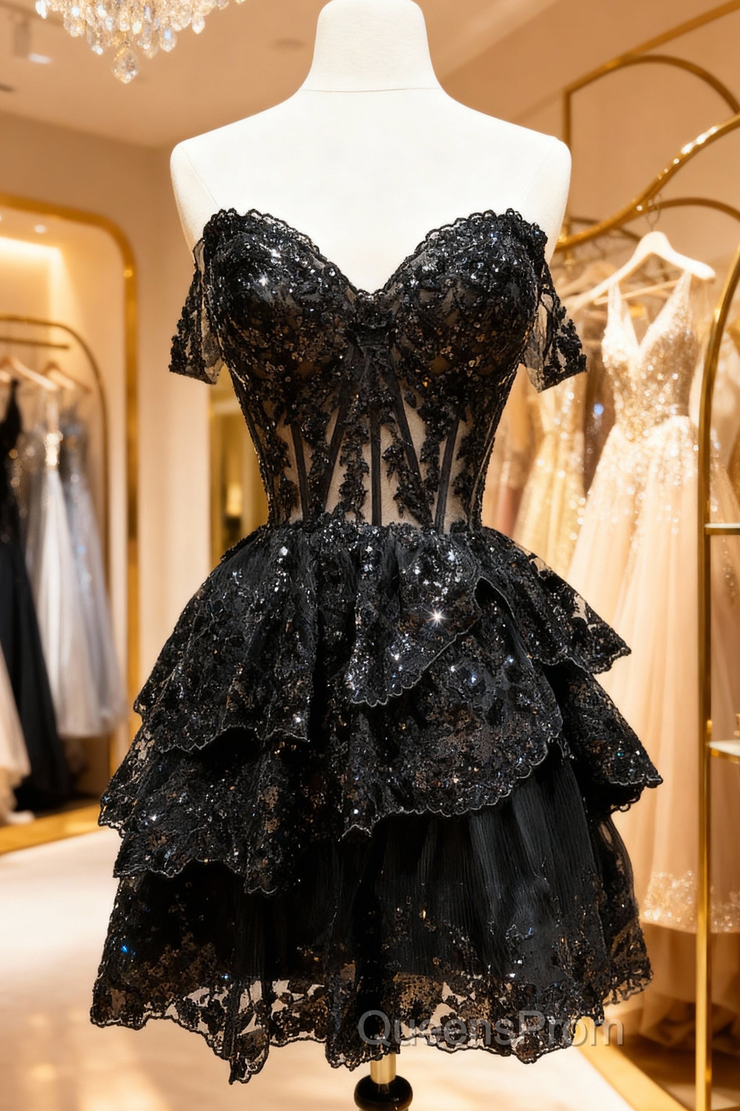 A-Line Short Black Evening Prom Dress Sheer Corset Bodice Homecoming Dress Main image