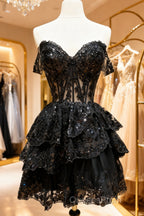A-Line Short Black Evening Prom Dress Sheer Corset Bodice Homecoming Dress