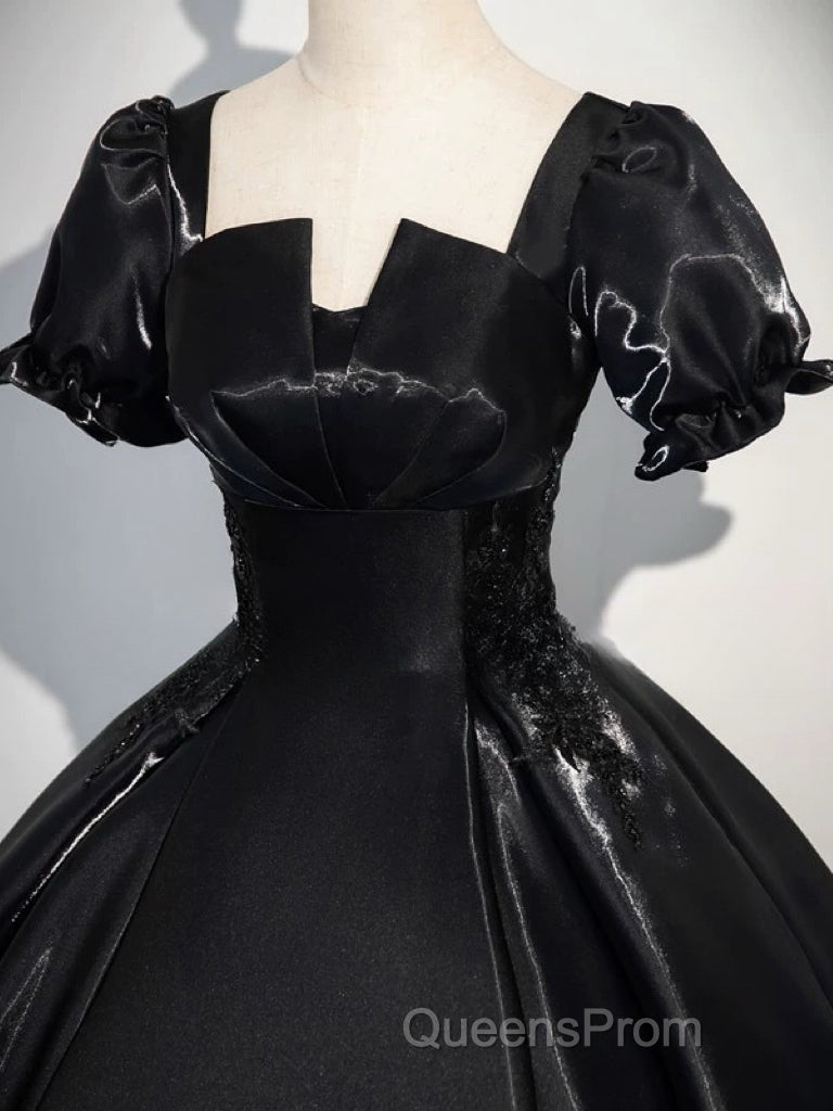 A-Line Short Sleeve Black Satin Long Evening Prom Dress, Black Long Formal Dress Secondary image