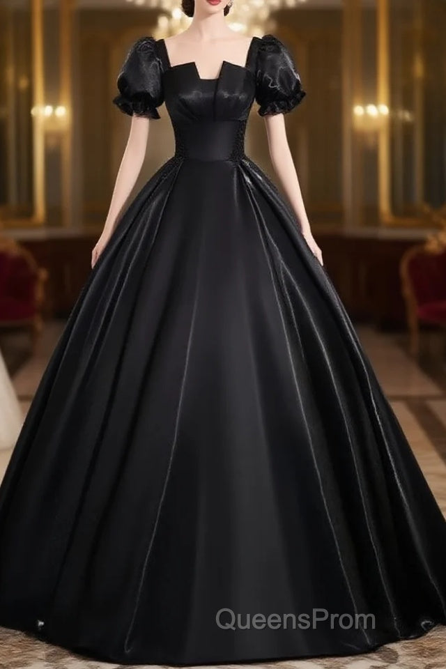 A-Line Short Sleeve Black Satin Long Evening Prom Dress, Black Long Formal Dress Main image