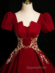 A-Line Short Sleeve Satin Lace Applique Burgundy Long Evening Prom Dress