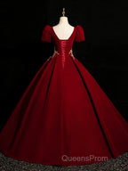 A-Line Short Sleeve Satin Lace Applique Burgundy Long Evening Prom Dress