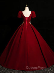 A-Line Short Sleeve Satin Lace Applique Burgundy Long Evening Prom Dress