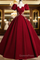 A-Line Short Sleeve Satin Lace Applique Burgundy Long Evening Prom Dress
