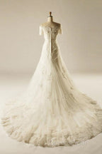A-Line Short Sleeve Waist Lace Wedding Dress With Appliques Beading