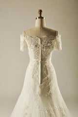 A-Line Short Sleeve Waist Lace Wedding Dress With Appliques Beading