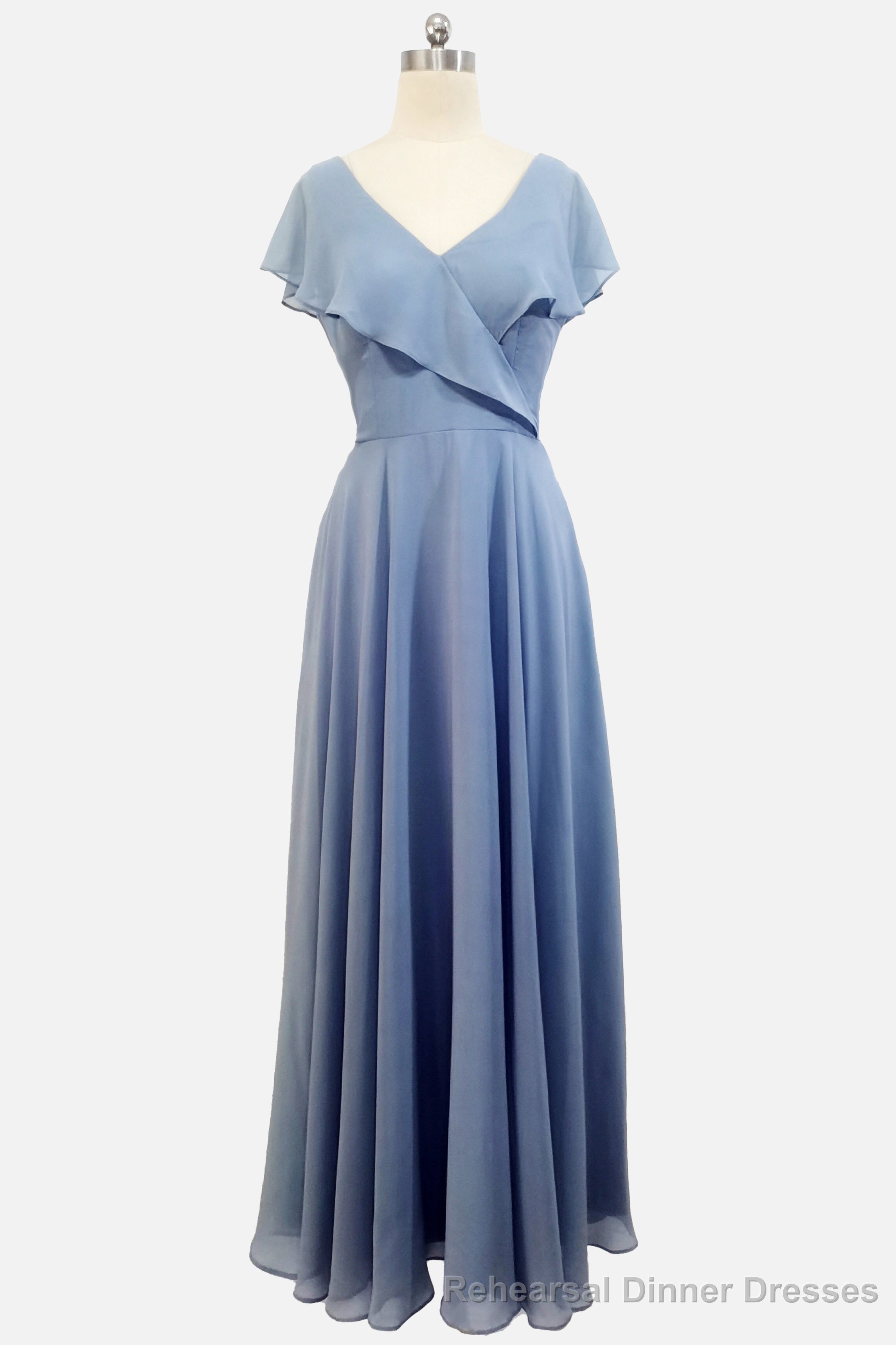 A-line Short Sleeves Chiffon V-neck Ruffles Floor-Length Bridesmaid Dress Main image