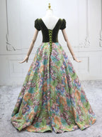 A-Line Short Sleeves Green Long Classy Prom Dress, Printed Satin Green Long Prom Dress