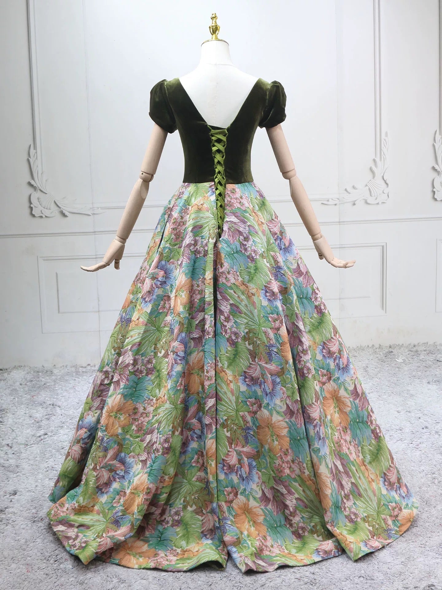 A-Line Short Sleeves Green Long Classy Prom Dress, Printed Satin Green Long Prom Dress