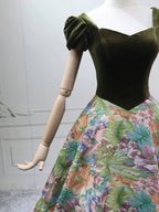 A-Line Short Sleeves Green Long Classy Prom Dress, Printed Satin Green Long Prom Dress