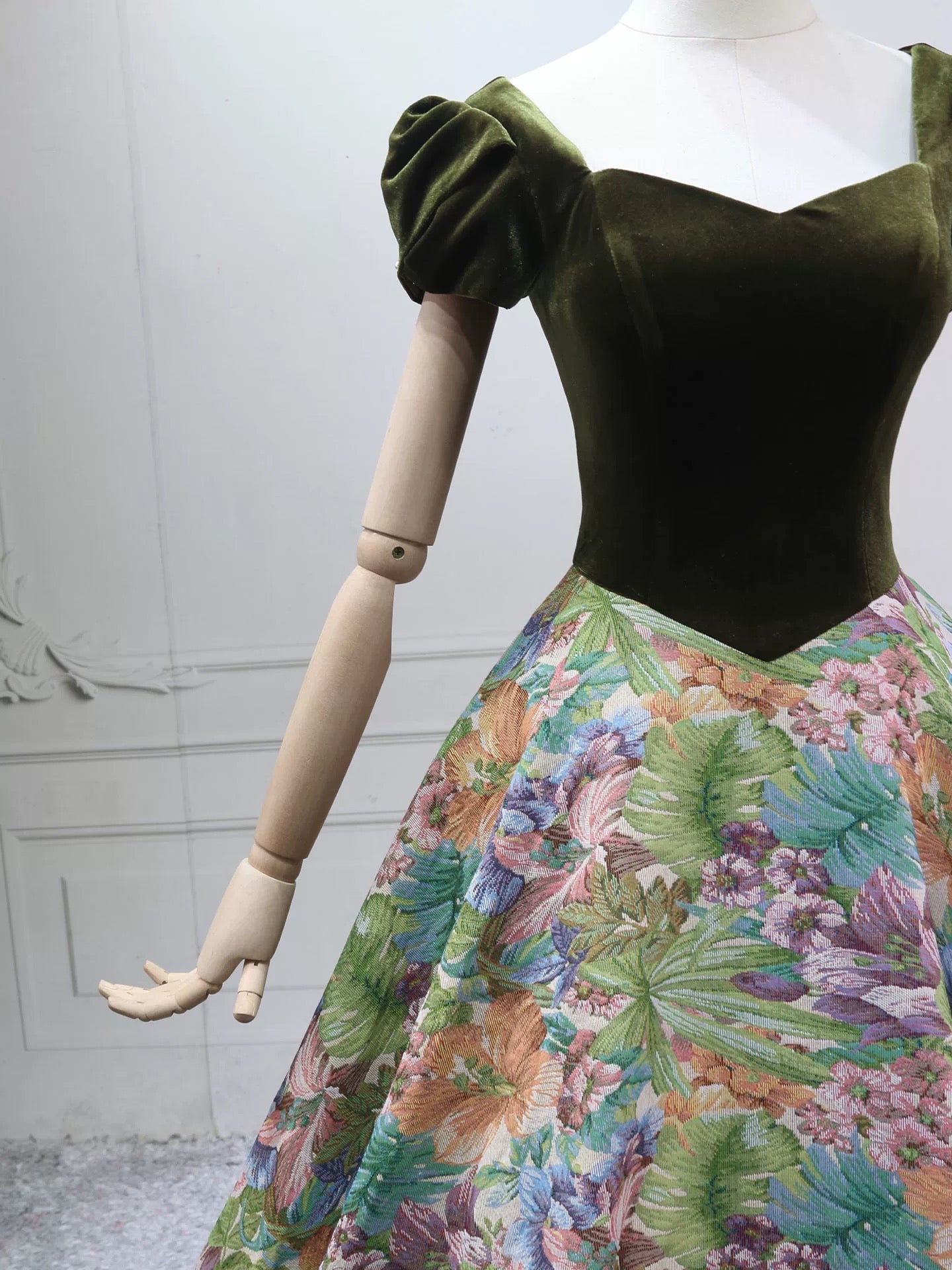 A-Line Short Sleeves Green Long Classy Prom Dress, Printed Satin Green Long Prom Dress