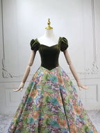 A-Line Short Sleeves Green Long Classy Prom Dress, Printed Satin Green Long Prom Dress