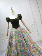 A-Line Short Sleeves Green Long Classy Prom Dress, Printed Satin Green Long Prom Dress