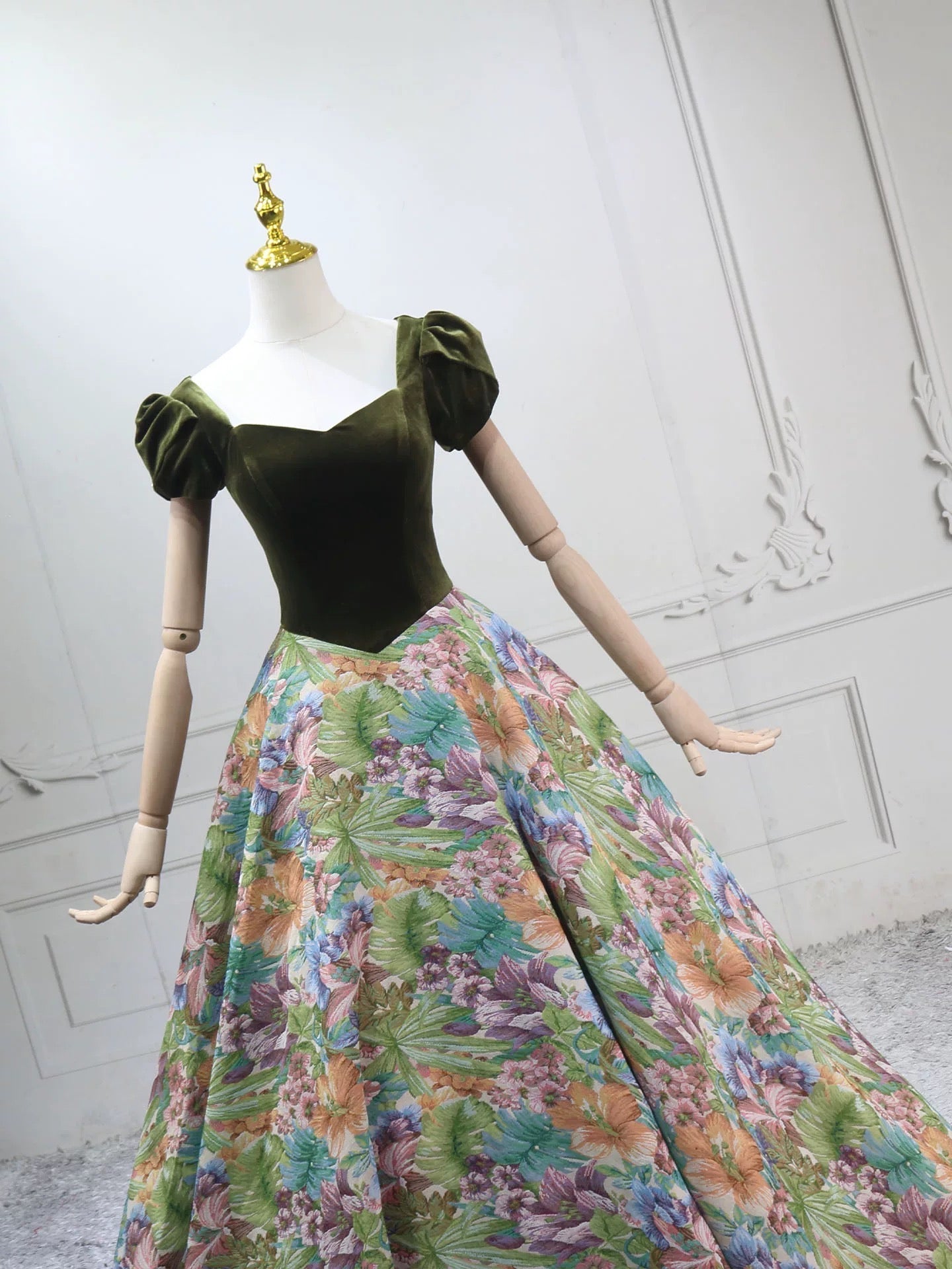 A-Line Short Sleeves Green Long Classy Prom Dress, Printed Satin Green Long Prom Dress